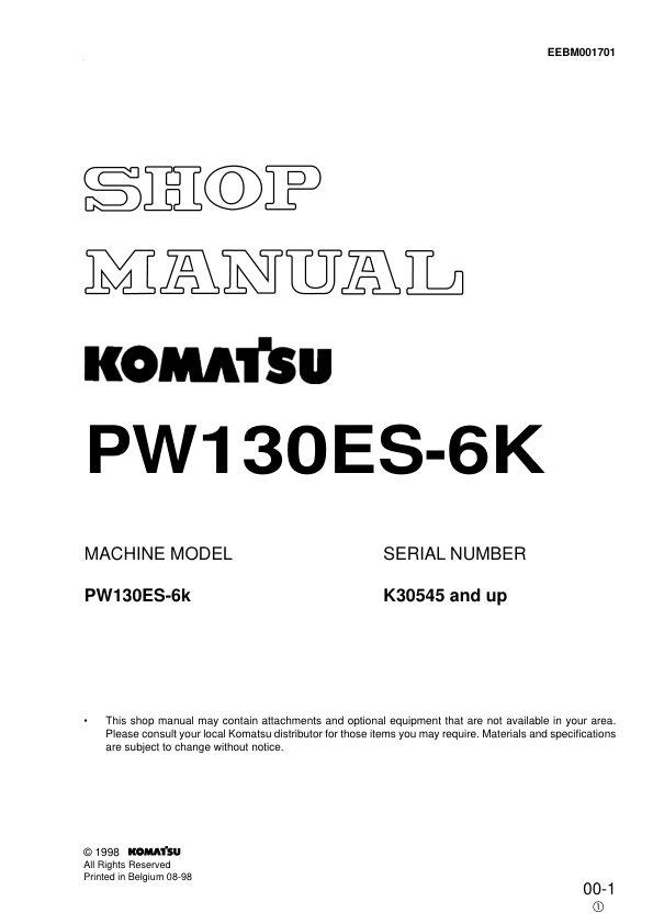 Komatsu PW130ES-6K Excavator Workshop Manual SN K30545 and UP - Image 2