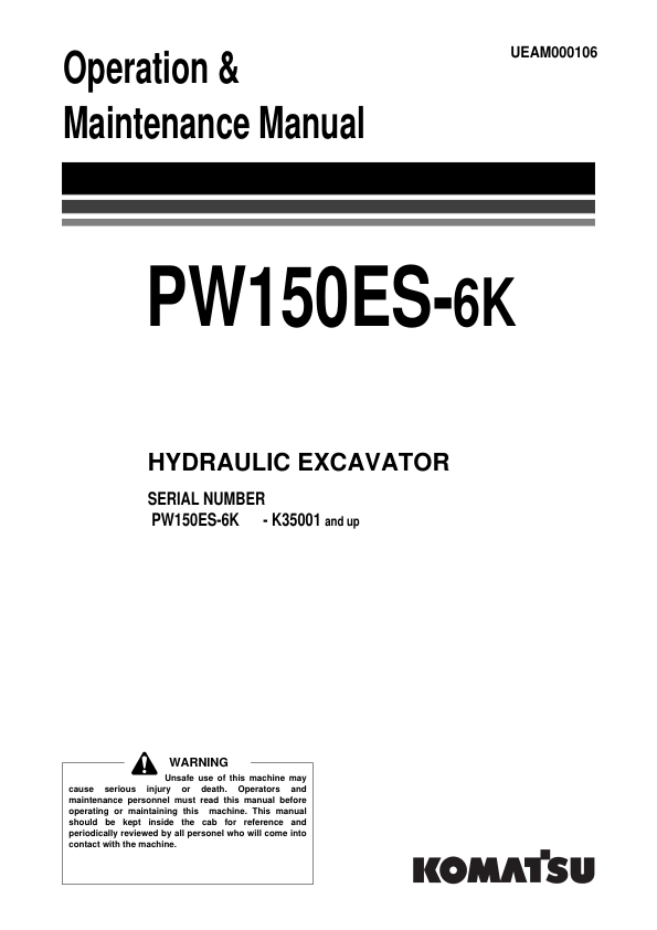 Komatsu PW150ES-6K Excavator Operation and Maintenance Manual SN K35001 and UP - Image 2
