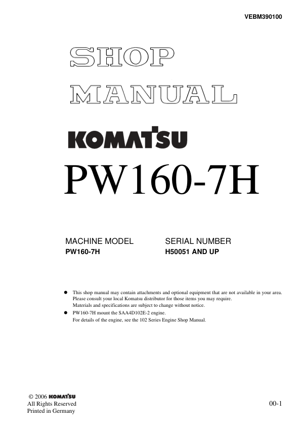 Komatsu PW160-7H Wheel Loader Workshop Manual SN H50051 and UP - Image 2