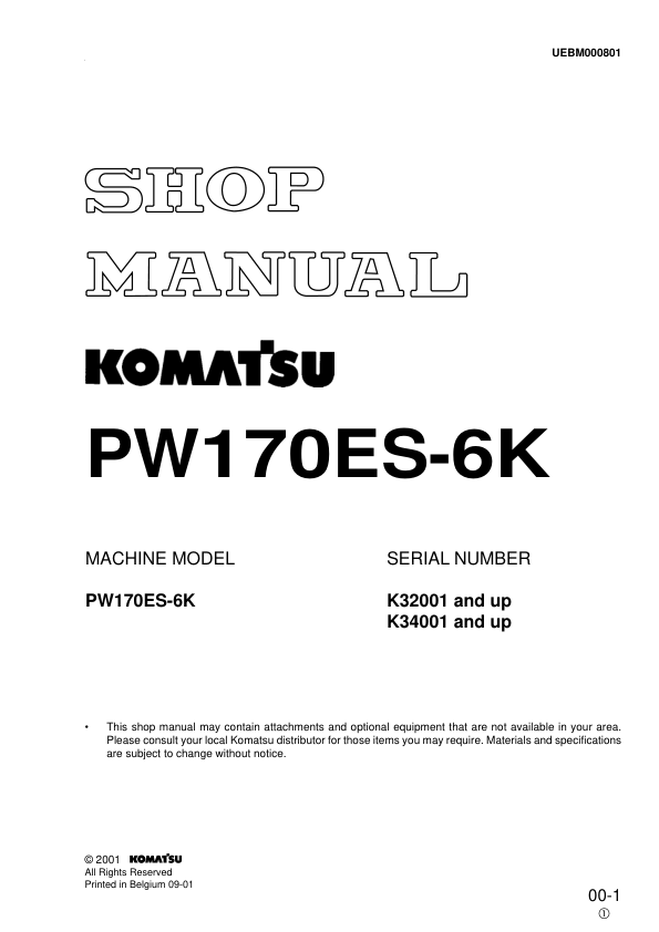 Komatsu PW170ES-6K Excavator Workshop Manual SN K62001 K34001 and UP - Image 2