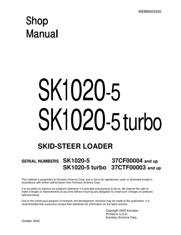 Komatsu SK1020-5 SK1020-5 Turbo Skid Steer Workshop Manual WEBD005300 - Image 2
