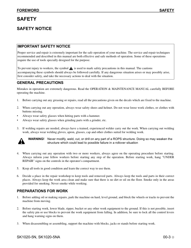 Komatsu SK1020-5N SK1020-5NA Skid Steer Workshop Manual CEBM013902 - Image 8