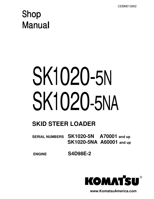 Komatsu SK1020-5N SK1020-5NA Skid Steer Workshop Manual CEBM013902 - Image 2
