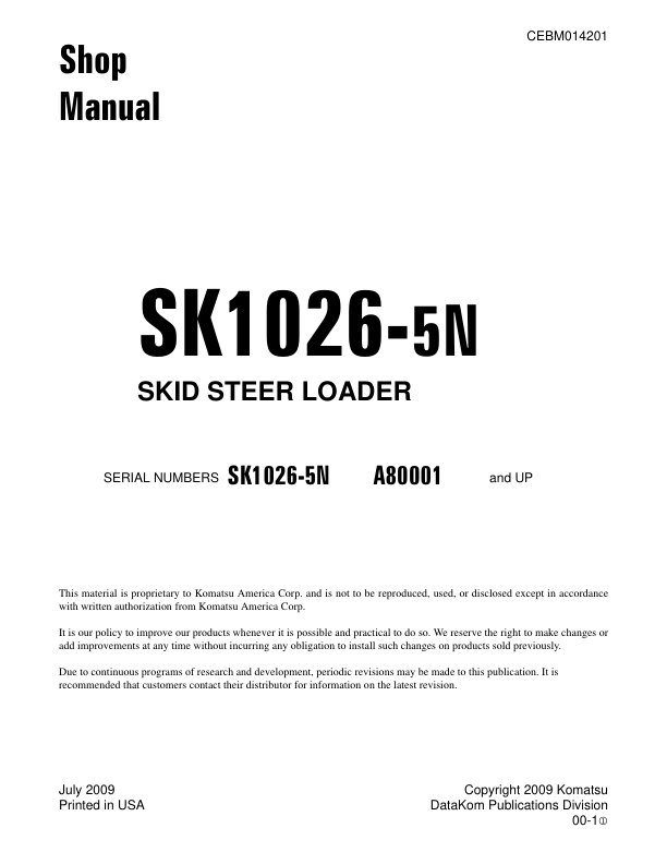 Komatsu SK1026-5N Skid Steer Workshop Manual CEBM14201 - Image 2