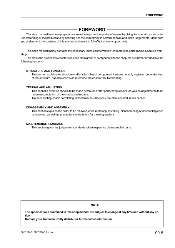 Komatsu SK818-5 SK820-5 Skid Steer Workshop Manual WEBM005200 - Image 15