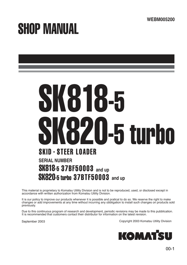 Komatsu SK818-5 SK820-5 Turbo Skid Steer Workshop Manual WEBD005200 - Image 2