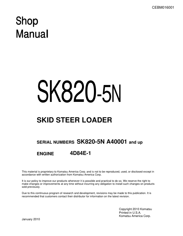 Komatsu SK820-5N Skid Steer Workshop Manual SN A40001 and UP - Image 2