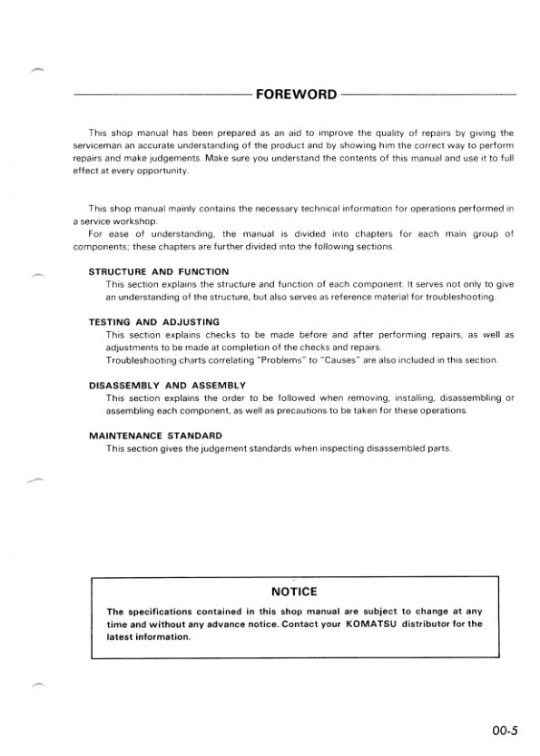 Komatsu WA100-1 Wheel Loader Workshop Manual SN 10001 and UP - Image 9