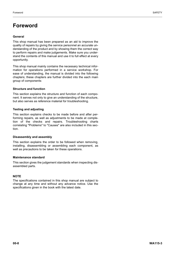 Komatsu WA115-3 Wheel Loader Workshop Manual SN WA115H30051 and UP - Image 10