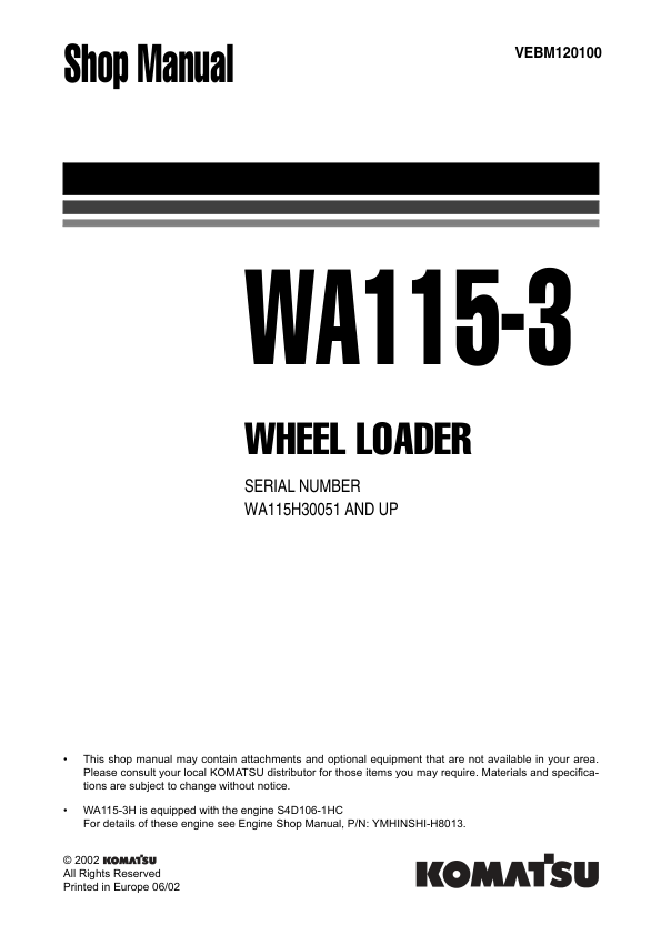 Komatsu WA115-3 Wheel Loader Workshop Manual SN WA115H30051 and UP - Image 2