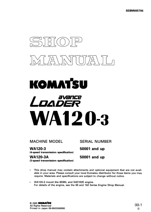 Komatsu WA120-3 Avance Wheel Loader Workshop Manual SN 50001 and UP - Image 2