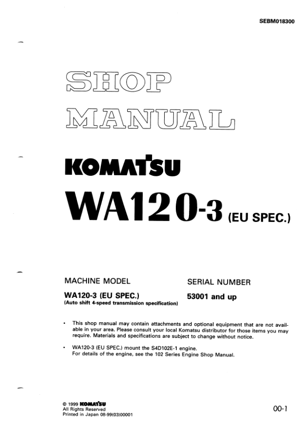 Komatsu WA120-3 EU Spec Wheel Loader Workshop Manual SN 53001 and UP - Image 2