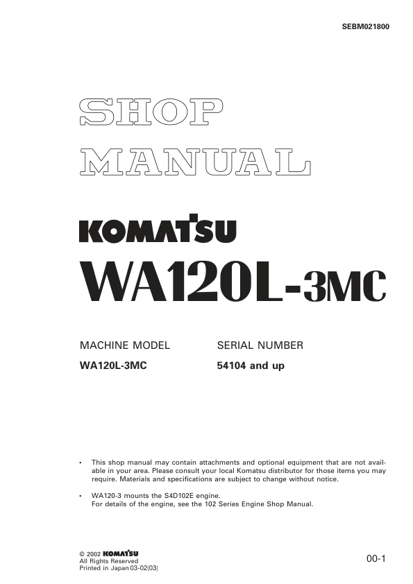 Komatsu WA120L-3MC Wheel Loader Workshop Manual SN 54104 and UP - Image 2