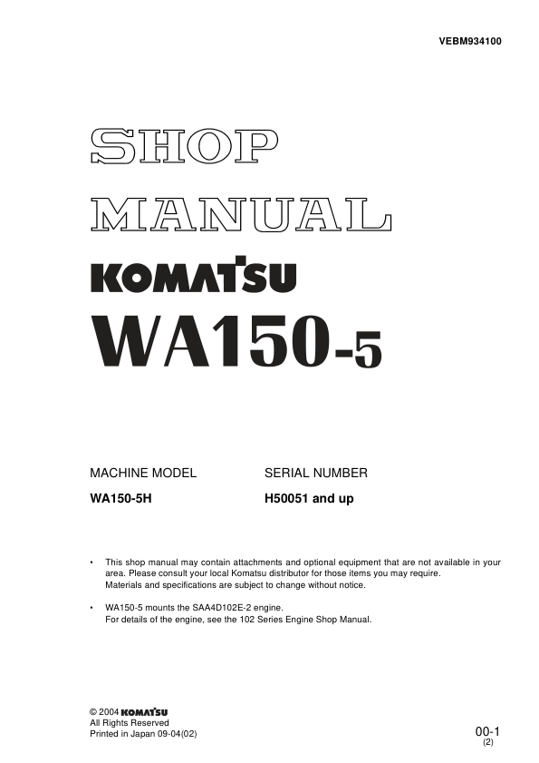 Komatsu WA150-5 Wheel Loader Workshop Manual SN 50051 and UP - Image 2