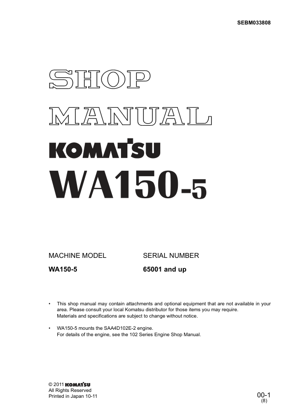 Komatsu WA150-5 Wheel Loader Workshop Manual SN 65001 and UP - Image 2