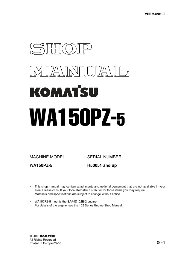 Komatsu WA150PZ-5 Wheel Loader Workshop Manual SN H50051 and UP - Image 2