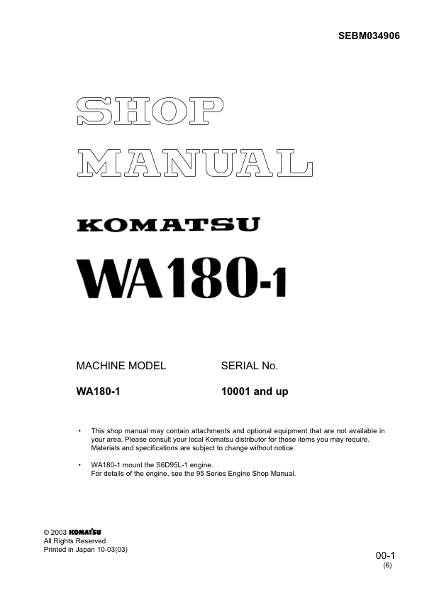 Komatsu WA180-1 Wheel Loader Workshop Manual SN 10001 and UP SEBM034906 - Image 2