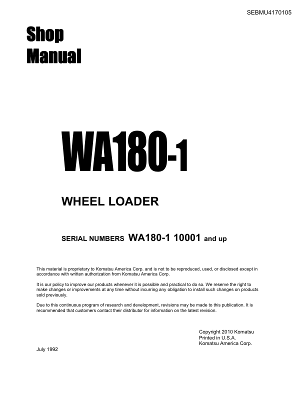 Komatsu WA180-1 Wheel Loader Workshop Manual SN 10001 and UP SEBMU4170105 - Image 4