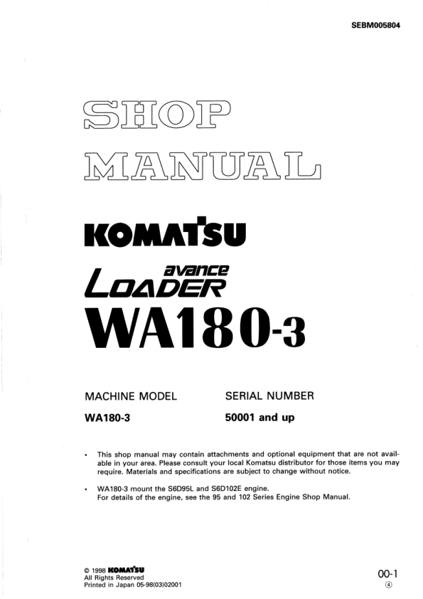 Komatsu WA180-3 Avance Wheel Loader Workshop Manual SN 50001 and UP - Image 2