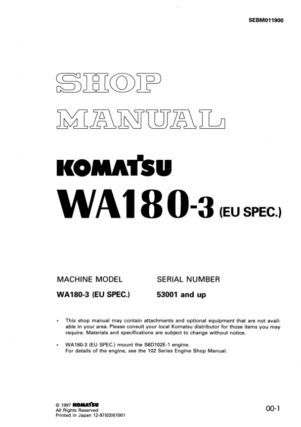 Komatsu WA180-3 EU Spec Wheel Loader Workshop Manual SN 53001 and UP - Image 2
