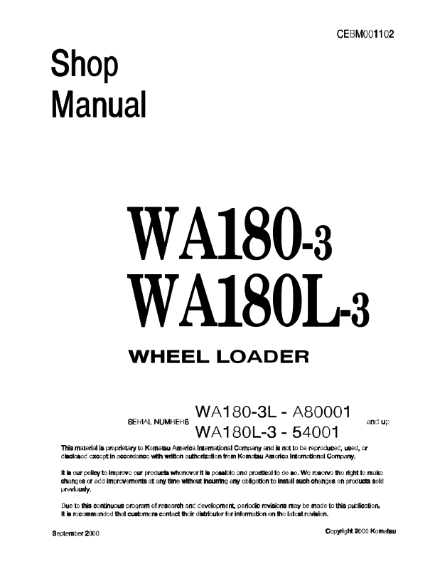 Komatsu WA180-3 WA180L-3 Wheel Loader Workshop Manual SN A80001 54001 and UP - Image 2