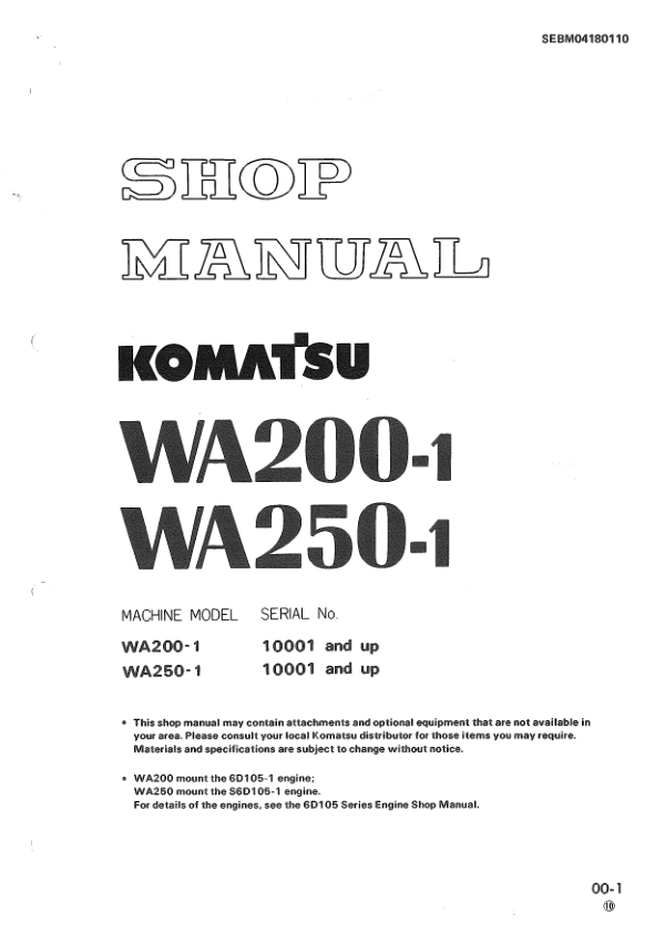 Komatsu WA200-1 WA250-1 Wheel Loader Workshop Manual SN 10001 and UP - Image 2