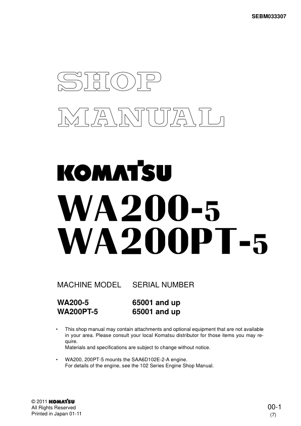 Komatsu WA200-5 WA200PT-5 Wheel Loader Workshop Manual SN 65001 and UP - Image 2
