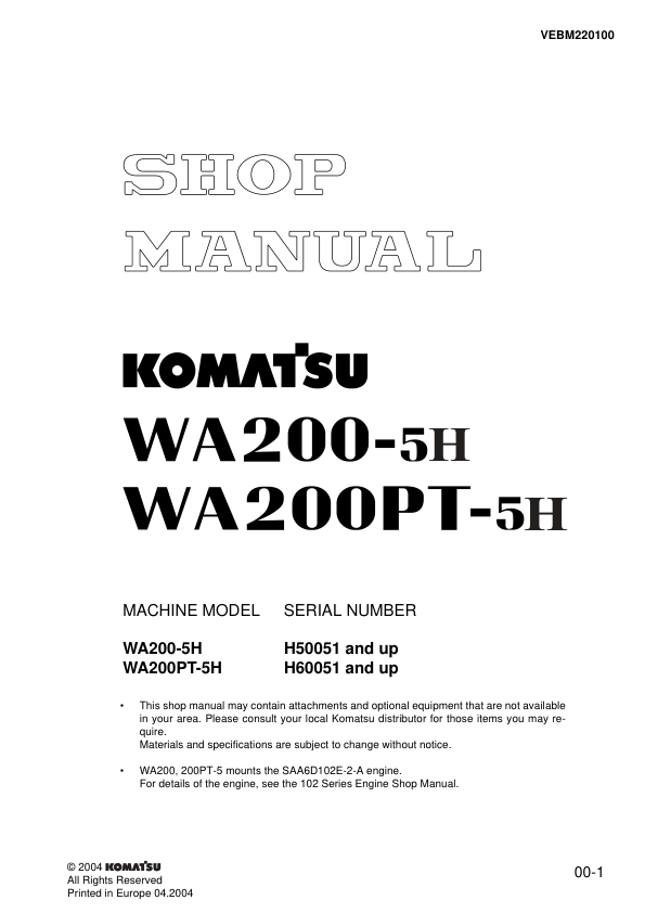Komatsu WA200-5H WA200PT-5H Wheel Loader Workshop Manual SN H50051 and UP - Image 2