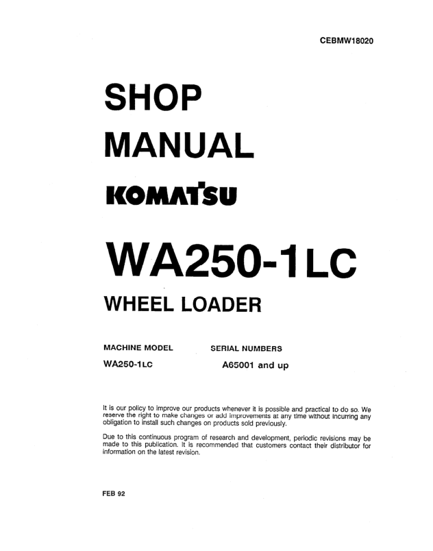 Komatsu WA250-1LC Wheel Loader Workshop Manual SN A65001 and UP - Image 2