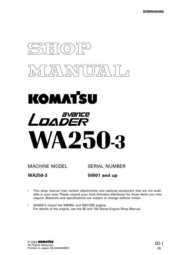 Komatsu WA250-3 Avance Wheel Loader Workshop Manual SN 50001 and UP SEBM005906 - Image 2