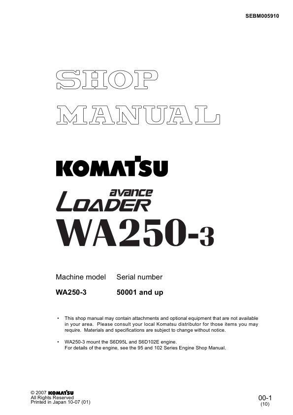 Komatsu WA250-3 Avance Wheel Loader Workshop Manual SN 50001 and UP SEBM005910 - Image 2