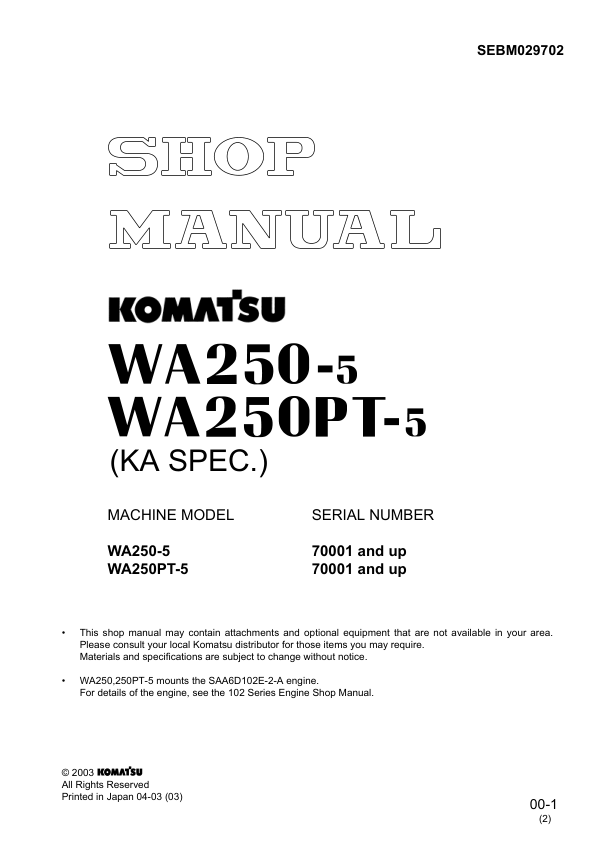 Komatsu WA250-5 WA250PT-5 Wheel Loader Workshop Manual SN 70001 and UP - Image 2