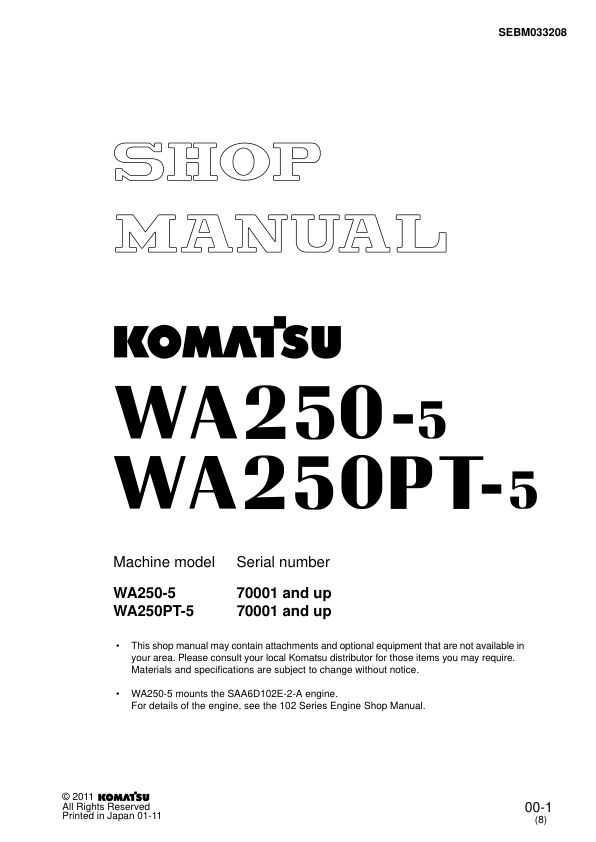 Komatsu WA250-5 WA250PT-5 Wheel Loader Workshop Manual SN 7001 and UP SEBM033208 - Image 2