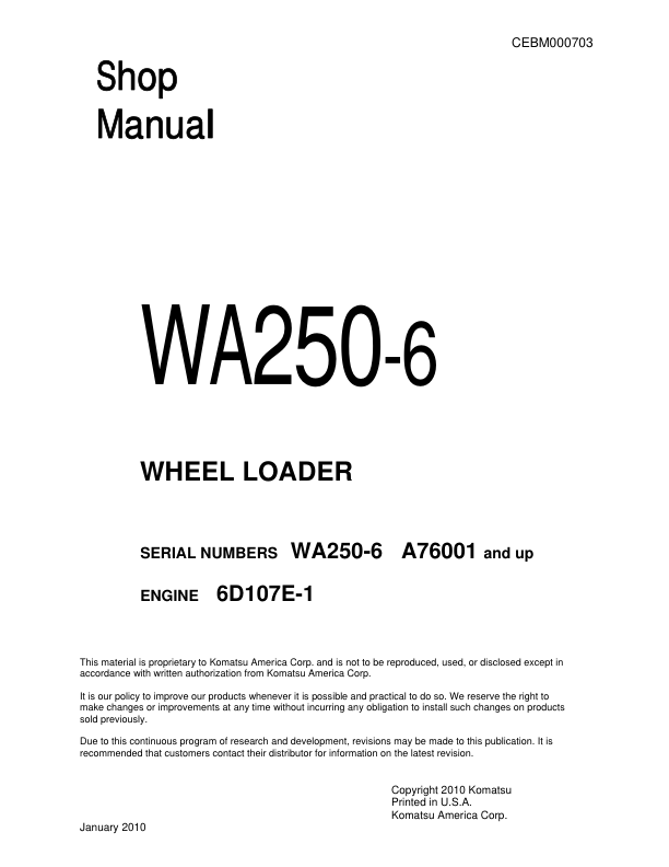 Komatsu WA250-6 Wheel Loader Workshop Manual SN A76001 and UP - Image 2