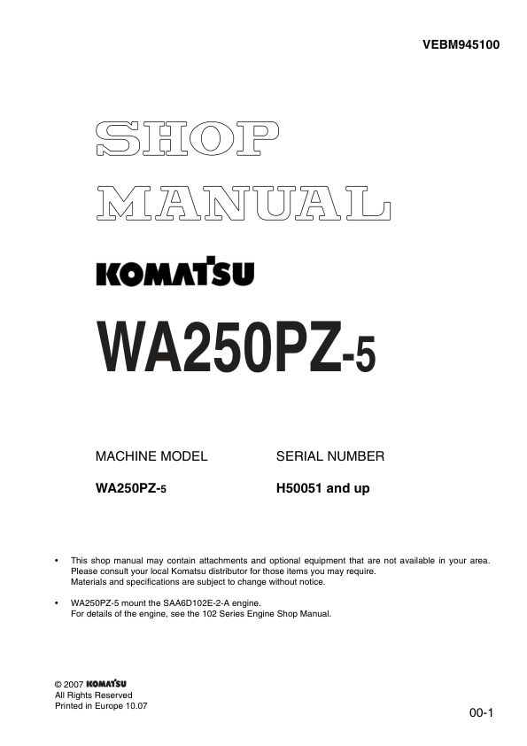 Komatsu WA250PZ-5 Wheel Loader Workshop Manual SN H50051 and UP - Image 2