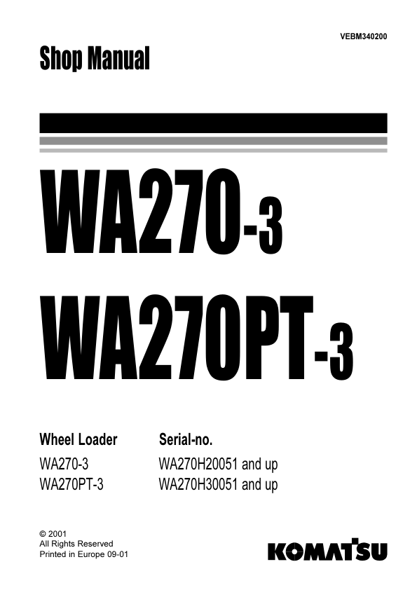 Komatsu WA270-3 WA270PT-3 Wheel Loader Workshop Manual SN 20051 30051 and UP - Image 2