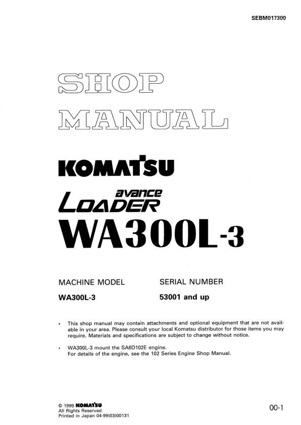 Komatsu WA300L-3 Avance Wheel Loader Workshop Manual SN 53001 and UP - Image 2