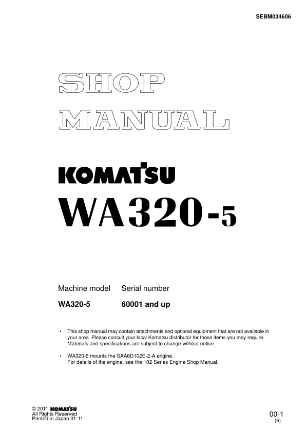 Komatsu WA320-5 Wheel Loader Workshop Manual SN 60001 and UP - Image 2