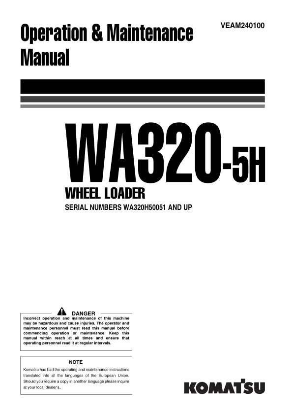 Komatsu WA320-5H Wheel Loader Operation and Maintenance Manual SN 50051 and UP - Image 2