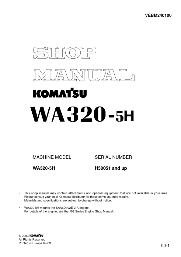 Komatsu WA320-5H Wheel Loader Workshop Manual SN H50051 and UP - Image 2