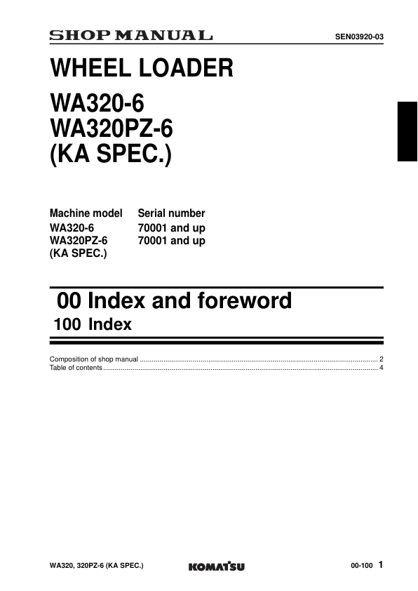 Komatsu WA320-6 WA320PZ-6 Wheel Loader Workshop Manual SN 70001 and UP SEN03911-03 - Image 4