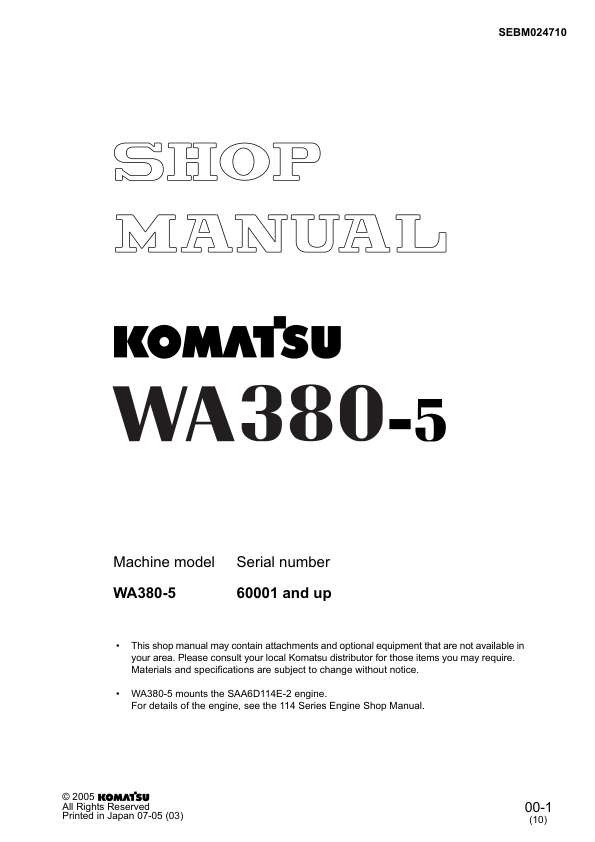 Komatsu WA380-5 Wheel Loader Workshop Manual SN 60001 and UP - Image 2