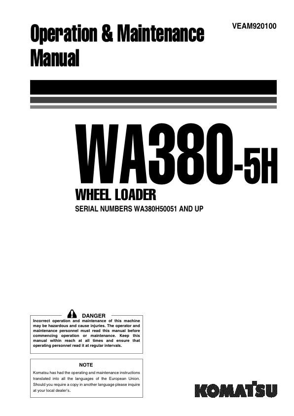 Komatsu WA380-5H Wheel Loader Operation and Maintenance Manual SN H50051 and UP - Image 2