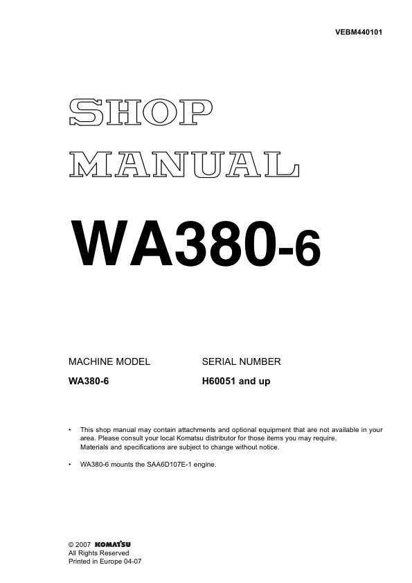 Komatsu WA380-6 Wheel Loader Workshop Manual SN H60051 and UP - Image 2