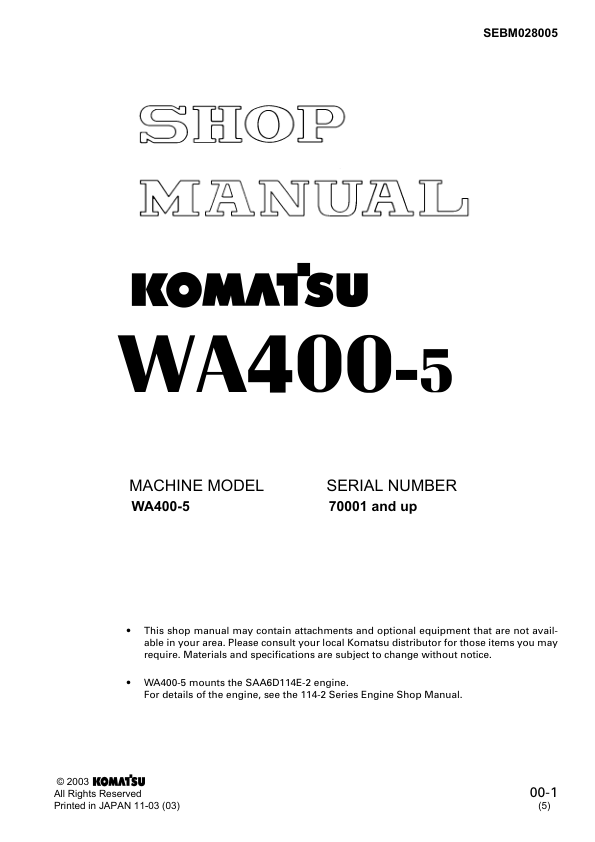 Komatsu WA400-5 Wheel Loader Workshop Manual SN 70001 and UP SEBM028005 - Image 2