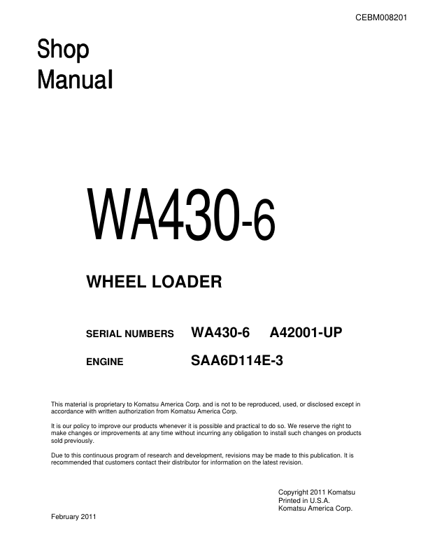 Komatsu WA430-6 Wheel Loader Workshop Manual SN A42001 and UP - Image 2