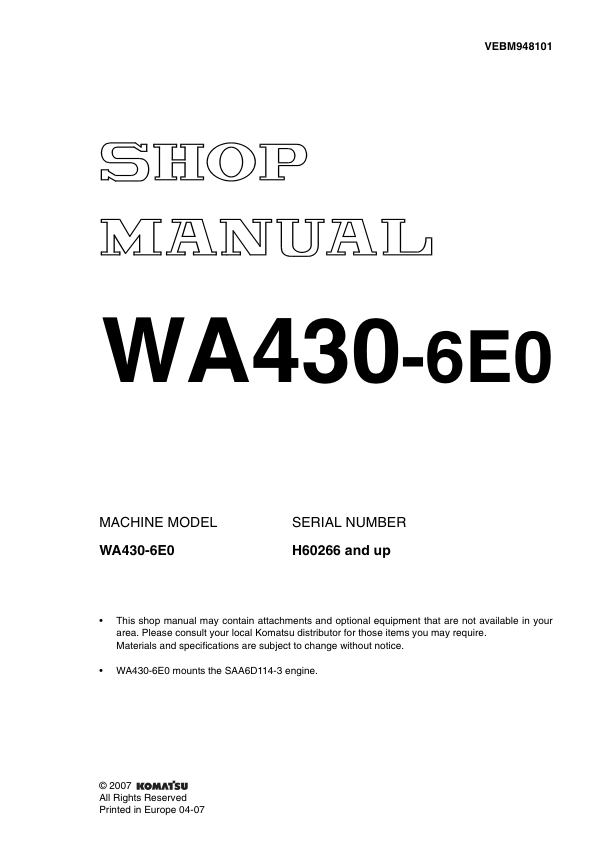 Komatsu WA430-6E0 Wheel Loader Workshop Manual SN H60266 and UP - Image 2