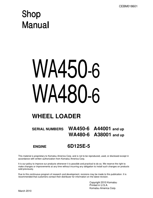 Komatsu WA450-6 WA480-6 Wheel Loader Workshop Manual SN A44001 A38001 and UP - Image 2