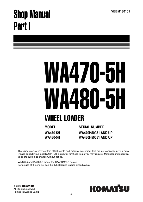 Komatsu WA470-5H WA480-5H Wheel Loader Workshop Manual SN H50051 and UP - Image 2