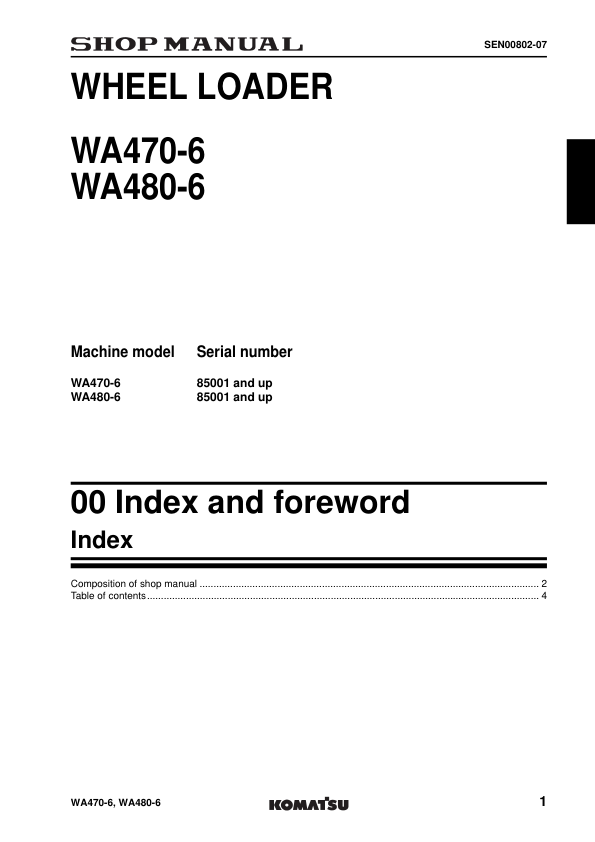 Komatsu WA470-6 WA480-6 Wheel Loader Workshop Manual SN 85001 and UP - Image 4